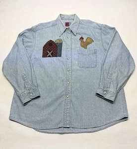 Vintage Denim Blue Jean Farm Chicken Tractor Button Up Shacket Shirt Size XL 90s - Picture 1 of 22