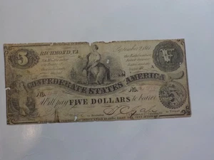 Civil War Confederate 1861 5 Dollar Bill Richmond Virginia Paper Money Currency - Picture 1 of 2