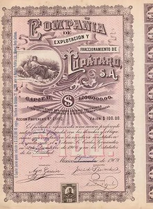 MEXICO COMPANIA DE EXPLOTACION LUPATARO BOND certificado de stock 1909 con CUPONES - Imagen 1 de 1