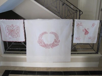 3 VINTAGE/ANTIQUE TURKEY RED  EMBROIDERY PIECES - Image 1 of 4