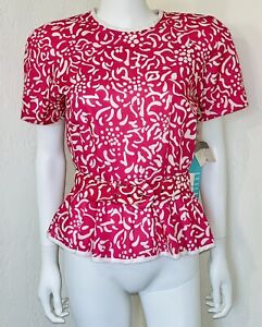 Vtg NWT Leslie Fay Pink Floral Woven Boxy Peplum Belt Top Union Made Size 4P