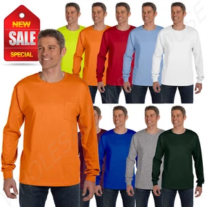 Hanes Mens Long Sleeve Authentic-T Pocket T-Shirt 6.1 oz 100% Cotton S-XL 5596 - Picture 1 of 12