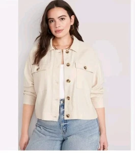 Old Navy Womens 2X Linen Blend Cropped Utility Jacket Cream Pockets Fall - Picture 1 of 5