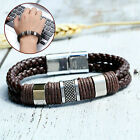 Men's Stainless Steel Leather Bracelet Magnetic Silver Clasp Bangle Brown