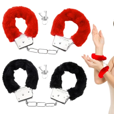 2 Paar Metall Handschellen mit Schlüssel Set, Plüsch Handschellen für Sexspiele, - Bild 1 von 4