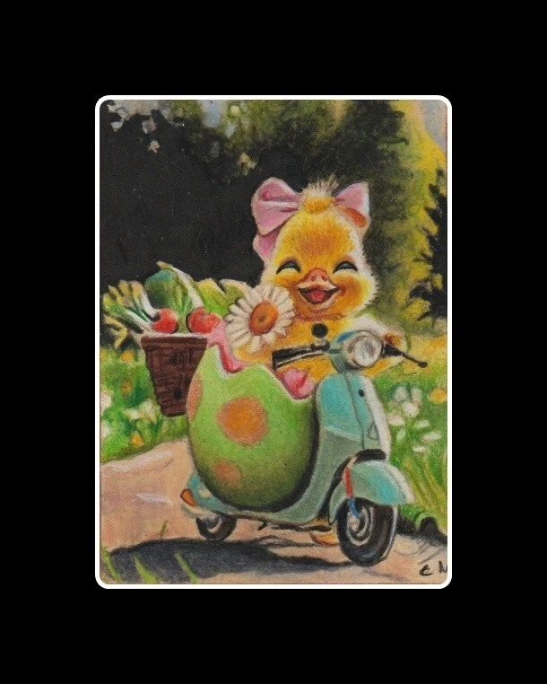 ACEO original  drawing easter chicken on bike fantasy by nadia carre SALE - Image 1 of 1