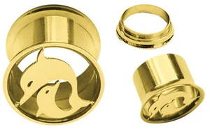Ohr Piercing Schmuck Schraub Flesh Tunnel Plug vergoldet Delphin, 8-14mm Stärke - Bild 1 von 2