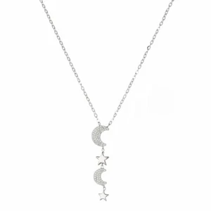 Necklace White Gold 18 Carat with Stars And Moon White Zirconia - Picture 1 of 1
