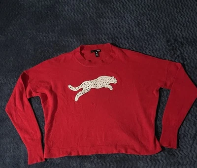 Aqua 女式 L 100% 羊绒毛衣纯色红色雪豹套衫 — 第 1/4 张图片