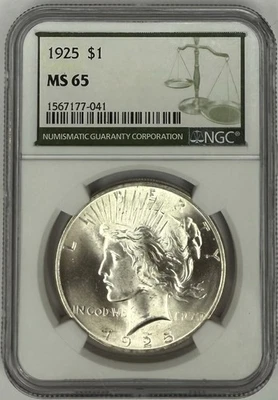 1925 Peace Dollar NGC MS65 ‼️NGC SPECIAL PREMIUM “GREEN” LABEL FOR EYE APPEAL‼️ - Image 1 of 3