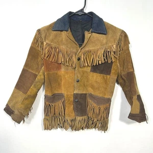 Vintage Suede Fringe Patchwork Jacket 70s Western Boho Folkcore XS Youth 10 - Picture 1 of 9