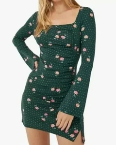Free People Soft Stretchy Ruched Emerald Jewel Green Floral Polka Dot S Dress - Picture 1 of 7