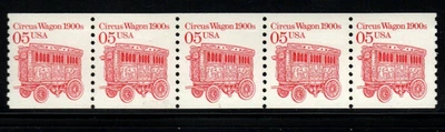 Stamp USA 5¢ Circus Wagon 1900s - Plate #1 Coil Strip of 5 MNH stamps SC#2452 - Image 1 of 2
