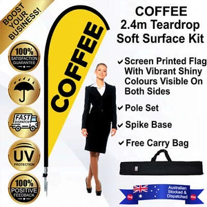 COFFEE Yellow 2.4m Teardrop Flag/Banner Kit with Spike *Advertising *Bowhead - Picture 1 of 10