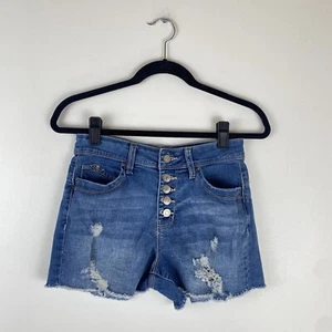 YMI Wannabettabutt Juniors 5/27 High Rise Jean Shorts Button Fly Distressed Blue - Picture 1 of 8