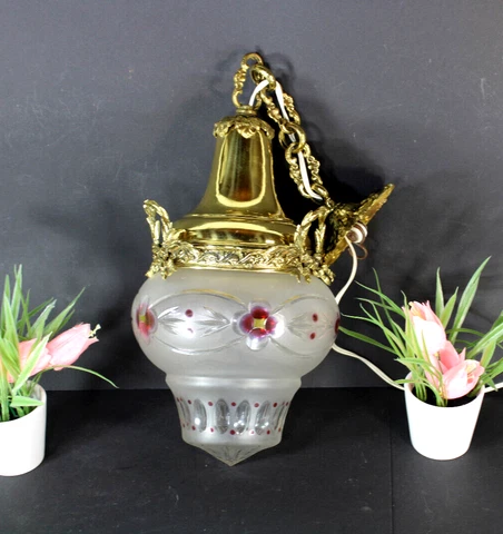 French antique  brass glass enamel floral bowl lantern lamp chandelier pendant Cover