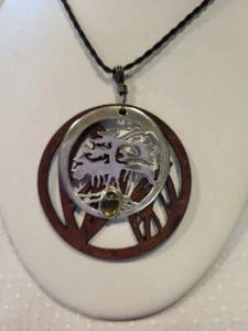 Vintage Handmade Sterling Silver Peridot Jade Leather Tree of Life Necklace - Picture 1 of 6