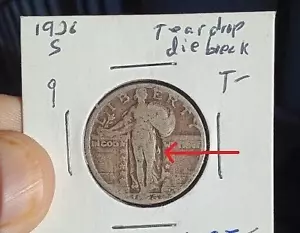 1926-S The Well Documented 'TEAR DROP' DIE BREAK Error Standing Liberty Quarter - Picture 1 of 3