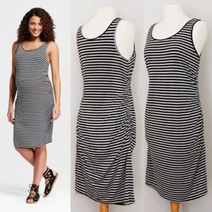 Liz Lange Maternity Gray Black Striped Ruched Gathered Sleeveless Midi Dress S - Picture 1 of 9