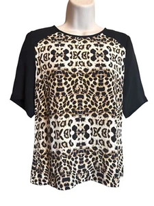 A.L.C. Lizzy Leopard Silk Blouse Women's Size 2 Black Raglan Short Sleeves - Picture 1 of 8