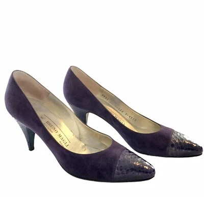 Vintage Bruno Magli Womens Heels Pumps 8.5 AAAA Purple Suede Leather Shoes ITALY - Image 1 of 4