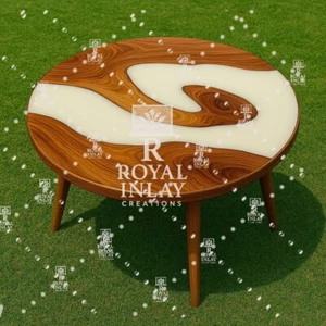 Round Wood Coffee Table with White Resin Wave Inlay – Handmade Epoxy Art - Picture 1 of 13