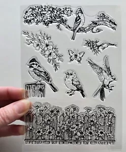 Clear Stamps GARDEN BIRDS Tree Flowers Butterfly Rubber Stamping Card Making - Picture 1 of 9