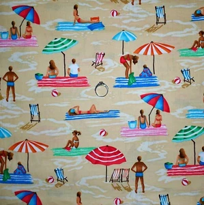 BonEFul Fabric FQ Cotton Quilt VTG Brown Sand Ocean Water Scenic Swim Suit Towel - Picture 1 of 12
