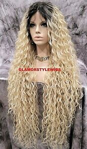 45" HUMAN HAIR BLEND LACE FRONT FULL WIG LONG CURLY OMBRE BROWN BLEACH BLONDE 