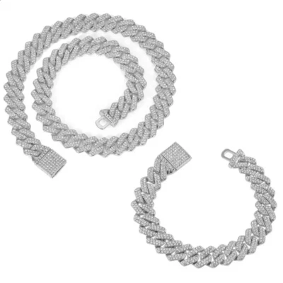 15 мм Miami кубинский браслет и цепочка комплект белое золото покрытием Iced CZ вне цепи - Изображение 1 из 4