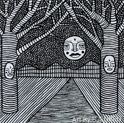Original Ink Drawing 3.5x3.5in Surreal Fantasy Outsider Landscape Moon Art OOAK - Image 1 of 2