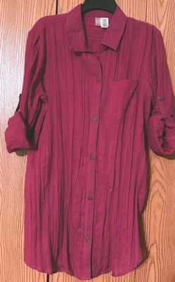 Top de encubrimiento de natación de gasa transparente manga enrollable Mynah talla grande fucsia botón delantero Foto 1 de 4