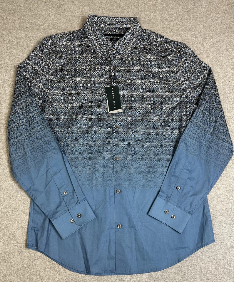 Perry Ellis Shirt Men Large Parisian Blue Slim Fit Button Down Ombre Stretch - Image 1 of 4