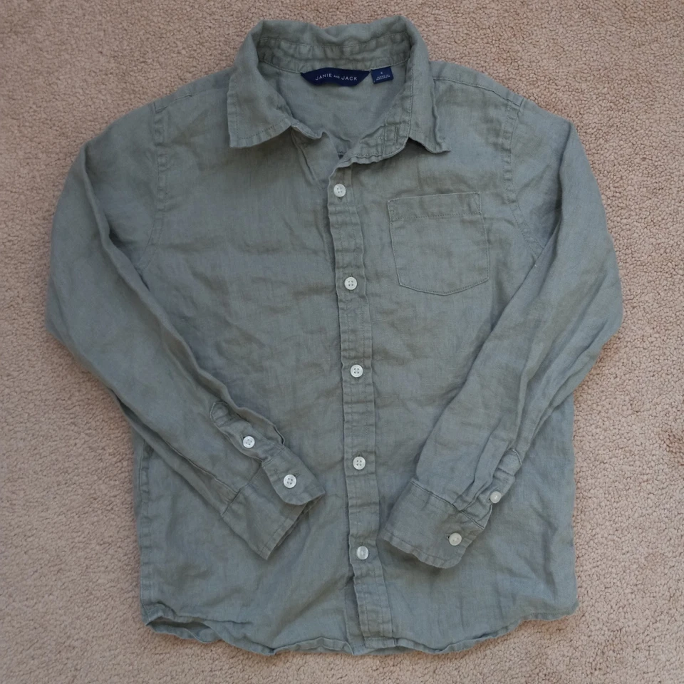 JANIE AND JACK Boys Linen Long Sleeve Button Shirt Casual Light Green Size 6 - Image 1 of 3