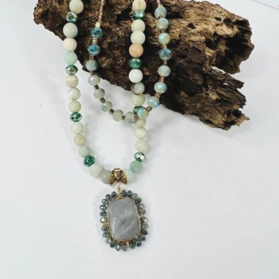 Boho Amazonite Gemstone Double Strand Crystal Necklace Pendant Gold Tone Foto 1 de 4