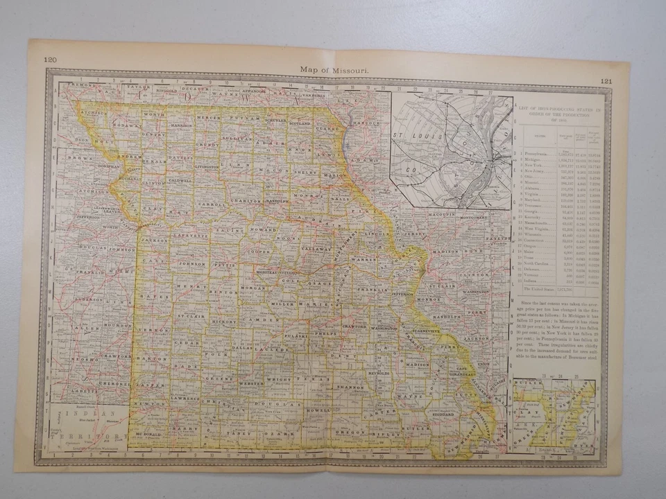 Mapa antiguo de 1883 / ESTADO DE MISSOURI / 14,5x20,5 pulgadas Foto 1 de 1