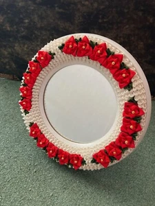 Vanity Table Mirror 9" w/Folding Stand White Frame w/Handcrafted Fabric Flowers  - Picture 1 of 18