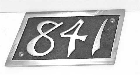 VINTAGE 841 HOUSE NUMBER CHROME STEEL PARALLELOGRAM SIGN PLAQUE Cover