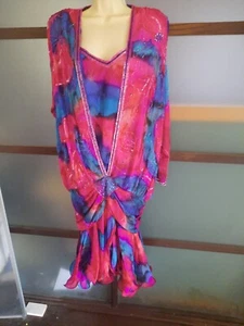 Judith Ann Creations Dress Beaded Silk 2 Piece Women’s M Jewel Tone Lined Sequin - Picture 1 of 7