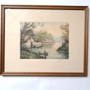 Eau-forte Colorée Paysage Original Signé J Bott Circa 1950 Cadre 29x37cm - Picture 1 of 12
