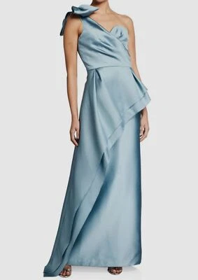 $795 Teri Jon Women Blue Bow Shoulder Asymmetrical Tiered Silk Gown Dress 10 - Image 1 of 4