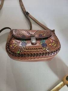 Handmade Women's Leather Hand tooled Vintage Purse Long Handled - Picture 1 of 11