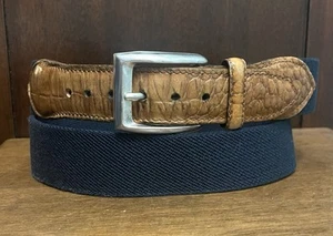 Trafalgar Brown Croc Embossed Leather Ends Blue Flex Canvas Belt Sz 36 1-3/8”W - Picture 1 of 6