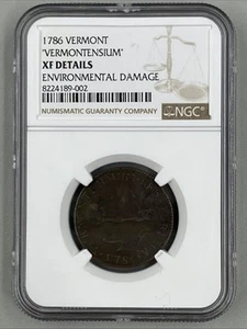 RARE 1786 Vermont VERMONTENSIUM XF Details Environmental Damage NGC Graded Coin - Picture 1 of 11