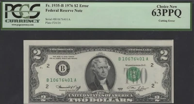 💫💥 ERROR 1976  2 dollars bill Cutting Error  63 PPQ - Image 1 of 2