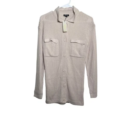 Boohoo Sweater Women's Small Beige Cardigan Knit Collared Button Up Boho Top NWT - Image 1 of 4