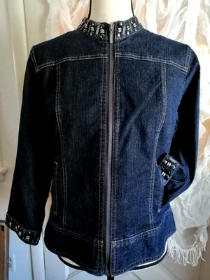 Women Jean Denim Jacket Zip Up Silver Metal Accent High Neck Size 12P - Image 1 of 3
