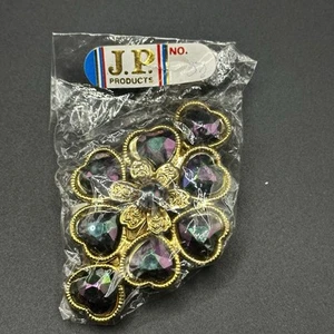 NOS Vintage Iridescent Heart Hair Barrette Flower Gold Tone Hair Clip - Picture 1 of 4
