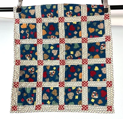 Hand Quilted Hearts Apples Patchwork Blue Red Baby Doll Crib Quilt 26" x 30" - Image 1 of 4