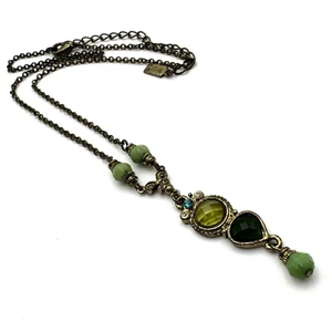 Vintage 1928 Brand Y Drop Pendant Art Nouveau Necklace Green Faceted Beads 16” - Picture 1 of 20